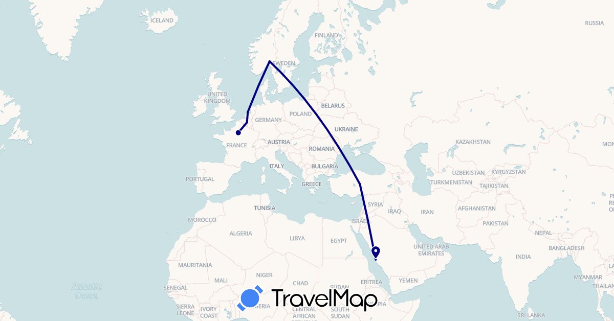 TravelMap itinerary: driving in Belgium, France, Netherlands, Norway, Saudi Arabia, Turkey (Asia, Europe)